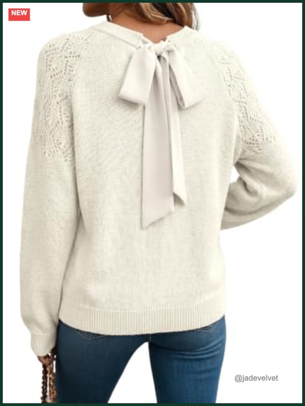 Crochet Hollow Out Bow Knot Crewneck Knit Pullover Sweater, Long Sleeve,